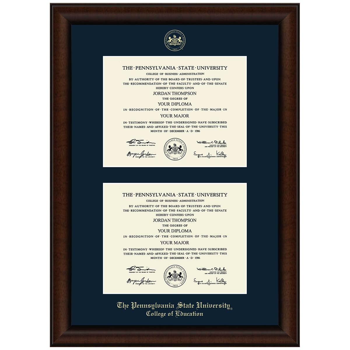 #106 Penn State College of Education double diploma frame Lenox (Walnut)